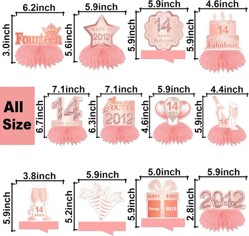 Vista 2 de Centros de mesa con diseño de panal de abeja de oro rosa para cumpleaños número 14, decoración de mesa para niñas y mujeres, dulce princesa de 14