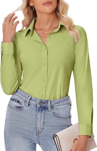Vista 23 de siliteelon Camisas con botones para mujer, ajustadas, de manga larga, elásticas, de vestir, camisas de trabajo, sin arrugas, blusas de oficina
