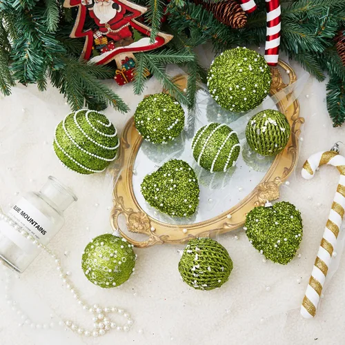 Vista 5 de 16 adornos de corazón verde y bolas de Navidad, decoraciones de bolas de Navidad, bolas de perlas colgantes de plástico inastillables para fiestas
