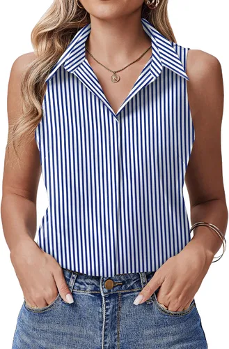 Vista 18 de HOTOUCH Camisas sin mangas con botones ocultos para mujer, frente con botones ocultos, cuello, blusas casuales elegantes holgadas para oficina