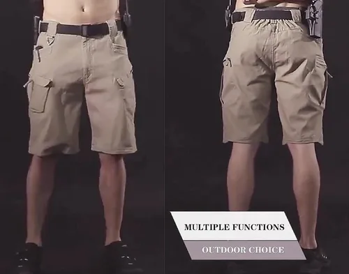 Vista 5 de Pantalones cortos tácticos para hombre, resistentes al agua, mezcla de algodón, para senderismo, pesca, sin cinturón