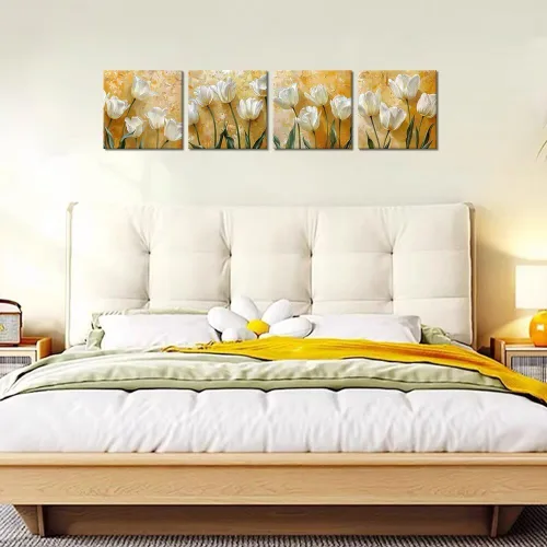 Vista 59 de Wall HDQ Arte de pared de flores para baño, dormitorio, sala de estar, decoración de pared azul y naranja, pintura floral, lienzo impreso, imagen