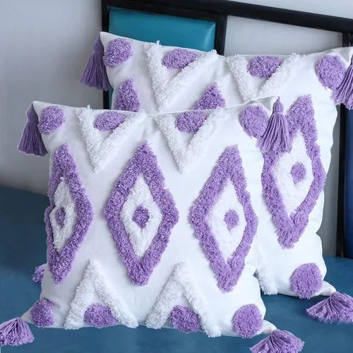 Vista 7 de ANGELLOONG Fundas de almohada de color morado claro y blanco, fundas de almohada de lavanda para cama, fundas de almohada modernas con borlas