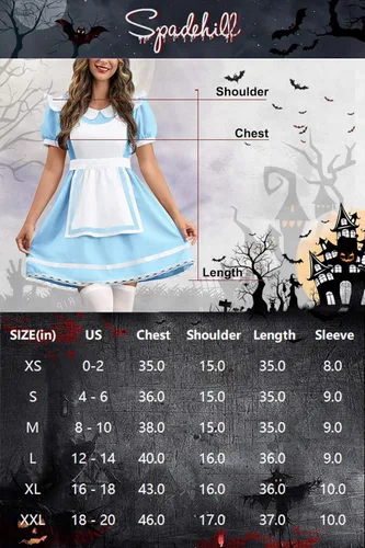 Vista 6 de Spadehill Vestido de princesa Wonderlad azul y blanco para mujer, disfraz de Halloween de manga corta