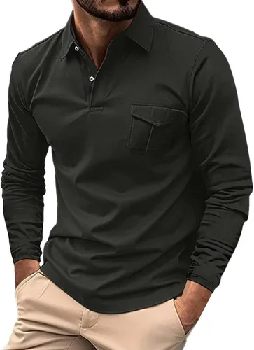 Vista 19 de Polo de manga larga para hombre, diseño casual de algodón con bolsillo, cuello clásico con botón para golf