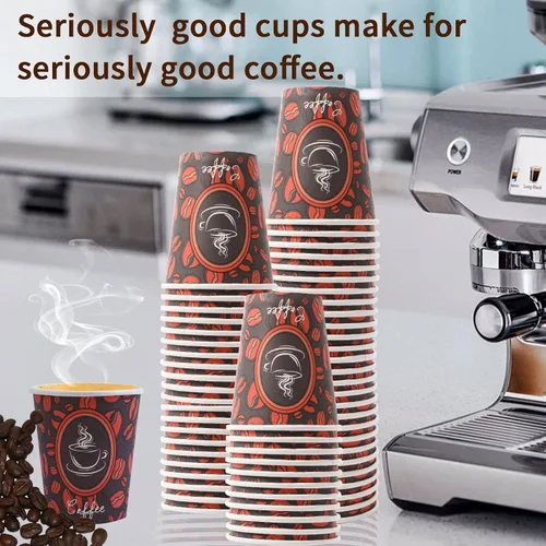 Vista 4 de Tazas de café de papel desechables con tapas, perfectas para té y bebidas calientes, paquete de 100 (8 onzas, diseño de grano de café)