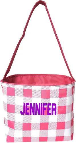 Vista 8 de Check Fabric Bucket Basket Bolsa de mano - Juguetes para niños - Pascua - Bebé - Puede ser personalizado Rosa (Pink Check)