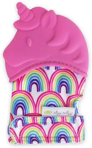 Vista 12 de Itzy Ritzy Manopla de dentición de silicona, manopla calmante para dentición infantil con correa ajustable, sonido arrugado y silicona texturizada