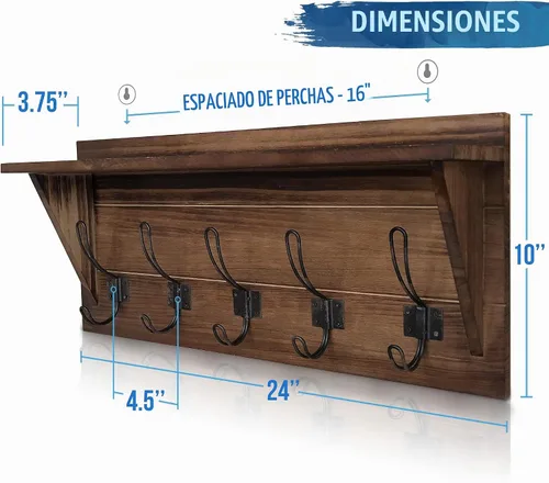 Vista 2 de HBCY Creations Perchero de pared de madera maciza color marrón rústico con estante, 5 ganchos, 24 pulgadas de largo, cocina, vestíbulo, entrada 1
