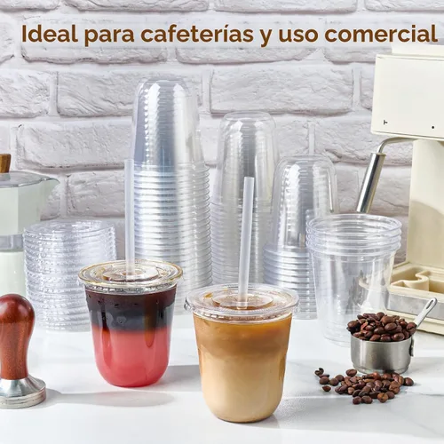 Vista 5 de Vplus Paquete de 100 tazas de café helado de 12 onzas con tapas, vasos de plástico desechables con tapas y popotes para bebidas frías, jugos