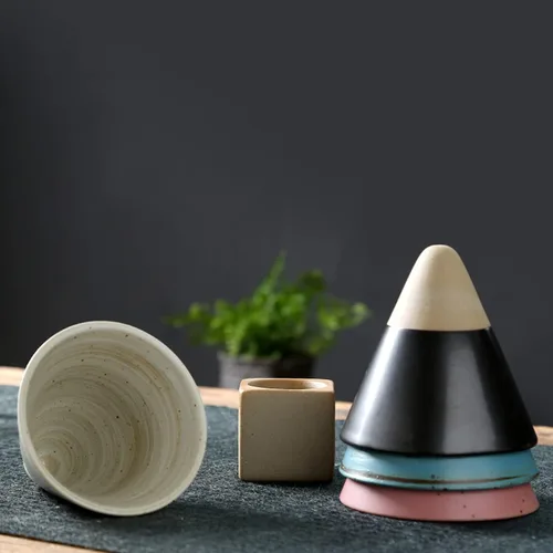 Vista 7 de 2 tazas de café de cerámica gruesa con base de 6.8 fl oz, taza de porcelana con forma de cono triangular creativa, estilo retro, embudo de gres