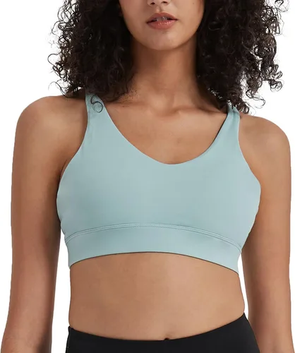 Vista 2 de Brasier deportivo para mujer, sexy, espalda cruzada, bajo impacto, acolchado, con tirantes delgados, brasier de yoga con copas extraíbles