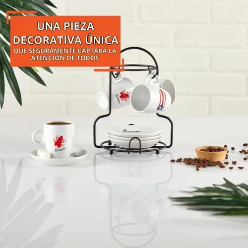 Vista 5 de IMUSA Juego de 8 tazas de espresso Boricua de 3 onzas con platillos y estante