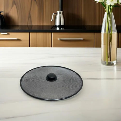 Vista 6 de Mikinona Protector contra salpicaduras de aceite de 13 pulgadas para sartén y olla, malla de acero inoxidable, protector contra salpicaduras de Negro