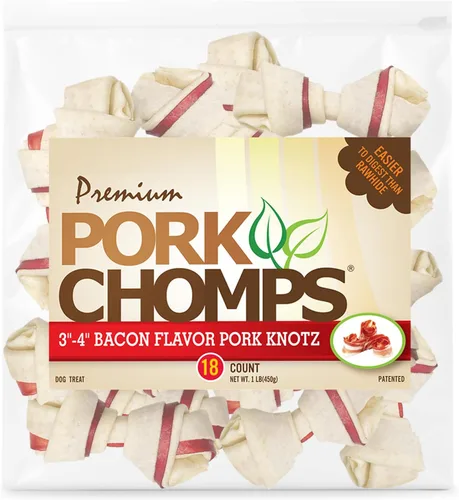 Vista 10 de Pork Chomps Masticables para perros de piel de cerdo horneada, mini nudos de 2.5 pulgadas, tira sabor tocino, 12