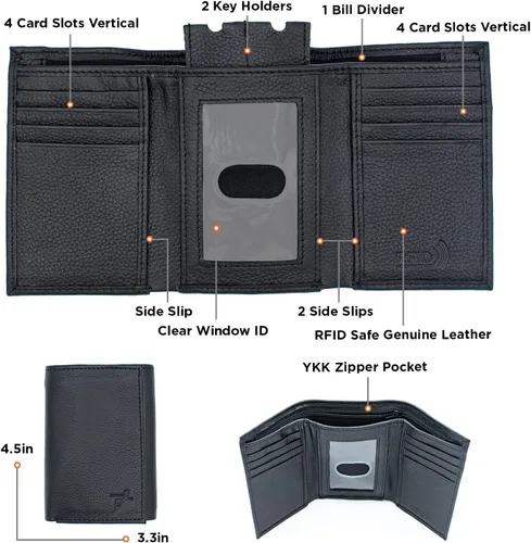 Vista 2 de RFID Safe Cartera de cuero triple plegable J130 Pulgar ID Key Holder YKK Zip Bill ranura en bolsa de regalo, Negro J130TF, Billetera triple