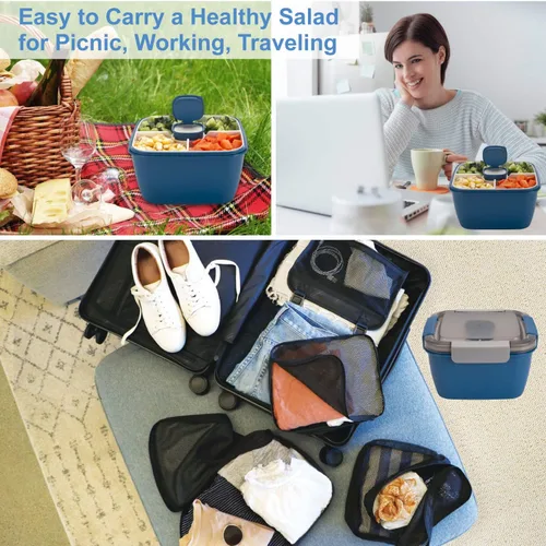 Vista 7 de Freshmage Recipiente para Ensalada para Llevar, Cuencos de Ensalada de 52 oz con 3 Compartimentos, Recipiente de Aderezos de Ensalada