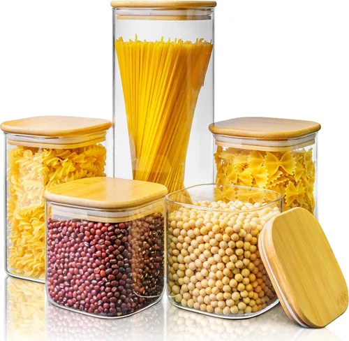 Vista 6 de Paquete de 4 tarros cuadrados de vidrio de 21 onzas con tapas de bambú, recipientes de almacenamiento de alimentos de vidrio con tapas herméticas