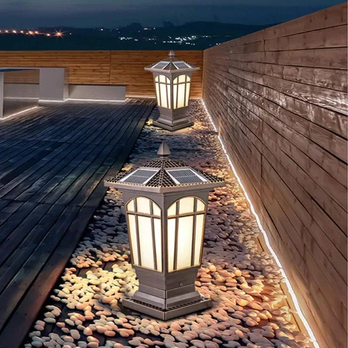 Vista 4 de Luces de poste para exteriores, luz solar de metal simple IP55 al aire libre, impermeable, luz de poste de pared, estilo chino, control de luz
