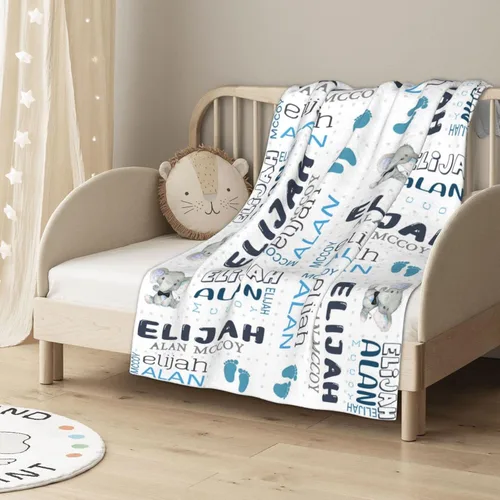 Vista 5 de Mantas de bebé personalizadas para niñas y niños con nombre, mantas personalizadas para niños, artículos de bebé personalizados, regalos Elefante