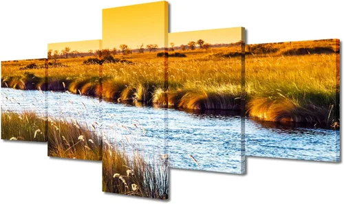 Vista 48 de TUMOVO 5 piezas de arte en lienzo para pared, hermoso castillo de piedra de cisne con paisajes naturales de selva al atardecer, paisajes naturales