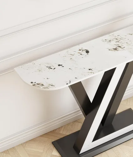 Vista 5 de Mesa consola moderna de 47.24 pulgadas, mesas de entrada con mesa de piedra sinterizada y base de metal, mesas decorativas estrechas para pasillo