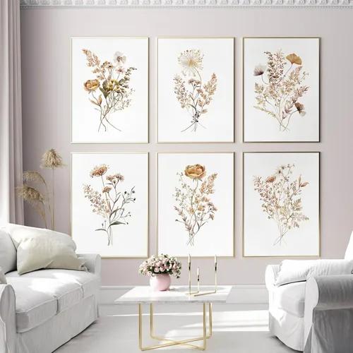 Vista 5 de Juego de 6 arte de pared de flores de acuarela con diseño botánico de flores silvestres, arte de pared en lienzo neutro bohemio, impresiones