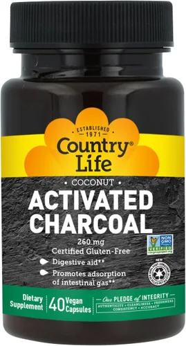 Vista 2 de Country Life Cápsulas de carbón activado de coco, 260 mg – Suplemento de carbón natural para aliviar los gases y la hinchazón – Sin gluten, 40