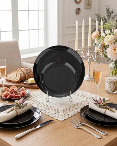 Vista 7 de PULOTE 100 piezas de platos de plástico negro desechables - Premium resistente 50 platos negros para cena, 50 platos para postre/ensalada - Ideal
