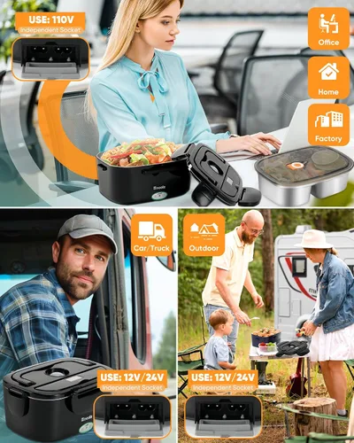 Vista 2 de Eocolz Fiambrera eléctrica calentador de alimentos de 80-100 W, calentador de alimentos con doble contenedor, 1.5L, lonchera portátil calentada