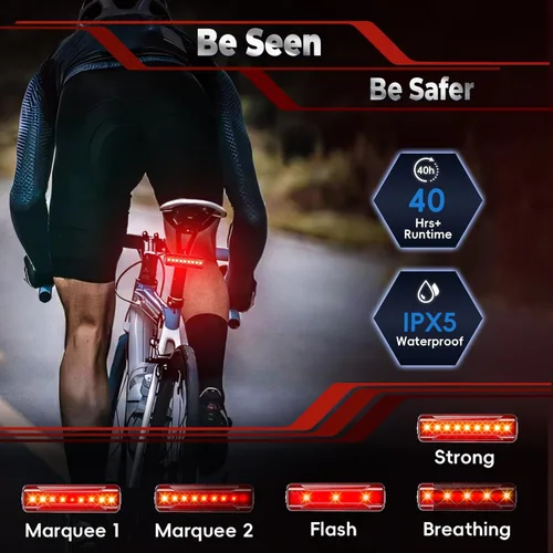 Vista 3 de Luz trasera de bicicleta, recargable por USB, luz trasera de 40 horas de larga duración, luz trasera LED brillante, 5 modos, IPX5 impermeable, luces