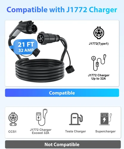 Vista 5 de Cable de extensión J1772, cable de extensión de cargador EV 32A, cable de carga de 21 pies para vehículo eléctrico de 110 V-240 V, compatible