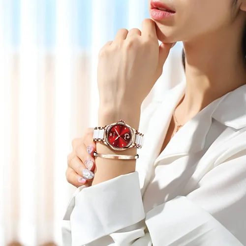 Vista 4 de OLEVS Relojes automáticos para mujer, mecánicos, con esfera de corazón de diamante, oro rosa, banda de cerámica, impermeable, con fecha luminosa