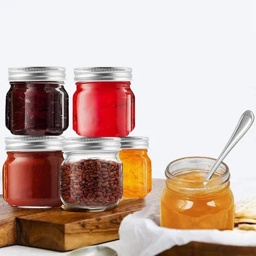 Vista 2 de Yomarket Mason Jars - Tarros de vidrio transparente de boca regular de 8 onzas con tapas de metal plateado para sellar, recipientes de avena durante