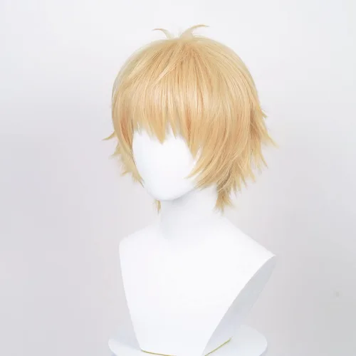 Vista 3 de LABEAUTÉ Peluca corta dorada para niños y hombres, cosplay, unisex, peluca amarilla de anime con flequillo para fiesta de Halloween, peluca de pelo