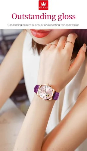 Vista 7 de OLEVS Reloj mecánico automático para mujer, correa de cuero, cuerda automática, reloj de pulsera para mujer, esfera de corazón de diamante