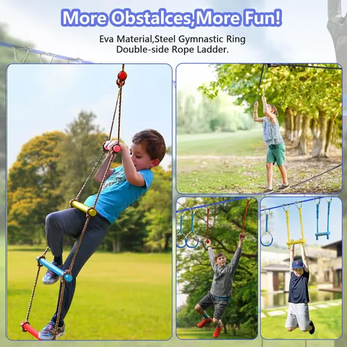 Vista 5 de Ninja Warrior - Carrera de obstáculos para niños, kit de línea floja de 2 x 56 pies con 10 accesorios ninja, barra de mono, escalera de cuerda