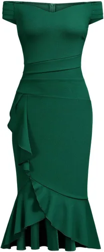 Vista 5 de Knitee Vestido formal de noche con cuello en V y volantes y cintura plisada para mujer