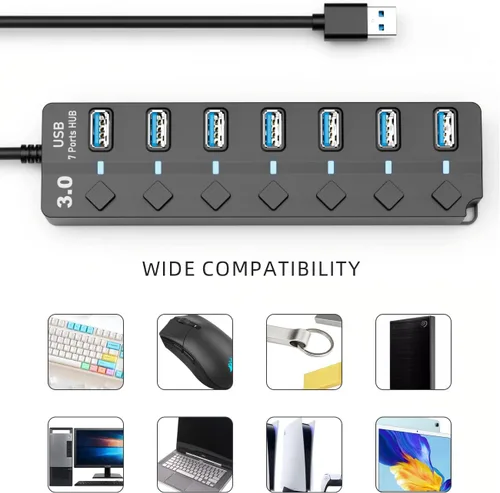 Vista 7 de Concentrador USB 3.0, concentrador USB Eanetf de 7 puertos con interruptores LED individuales de encendido/apagado y cable largo extendido