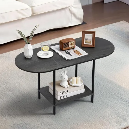 Vista 9 de Mesas de café negras para sala de estar, mesa de centro oval pequeña de mediados de siglo con estante de almacenamiento y tablero de madera, mesa