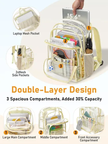 Vista 4 de Mochila transparente grande de doble capa, 17 pulgadas, resistente, transparente, para universidad, trabajo, Beige, Grande, Mochila de doble capa