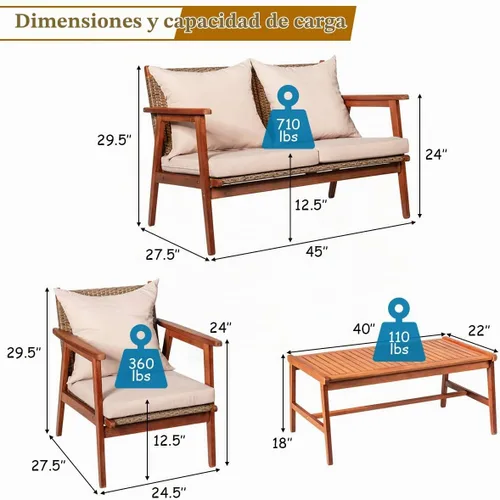 Vista 5 de Tangkula juego de 4 sofás de madera de patio, juego de asientos de madera de acacia para exterior con cojines y mesa de centro, juego de sofá