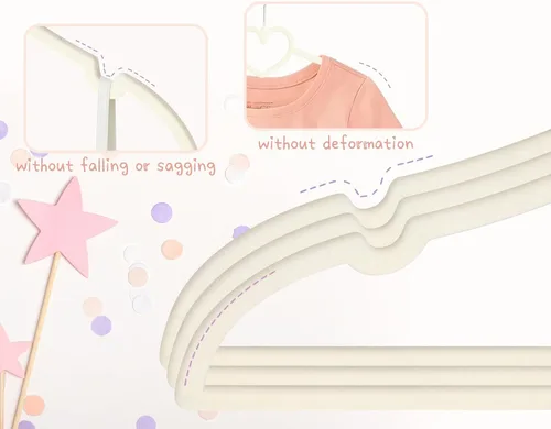 Vista 5 de Perchas de terciopelo beige con forma de corazón, paquete de 50 perchas para niños pequeños de 13 pulgadas con 20 clips, ultra delgadas y apilables