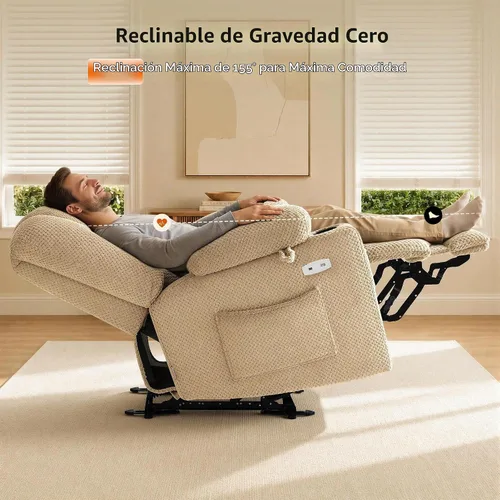 Vista 5 de MCombo Zero Gravity Silla Reclinable Eléctrica con Masaje de Calor y Vibración, Silla Reclinable con Puertos USB y Tipo C, Portavasos para Sala