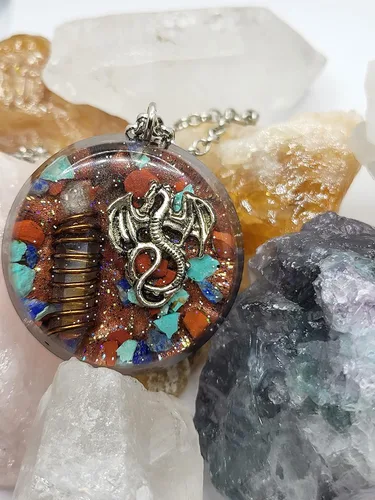 Vista 5 de Hubbering Dragon Angel Quartz Copper Wrapped Power Packed Crystal With Mixed Stones Disk Orgone Pendant - Unique Handcrafted Orgonite