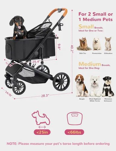 Vista 4 de Cochecito para perros pequeños y medianos de hasta 60 libras, cochecito plegable para mascotas con 4 ruedas con transportador desmontable