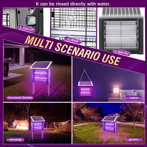 Vista 8 de 2 piezas de exterminador solar de insectos para exteriores con panel giratorio, 3000 V eléctrico matamoscas impermeable, 200 W de doble tubo