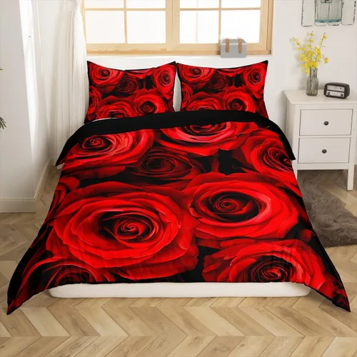 Vista 2 de Juego de funda de edredón de rosa roja, tamaño matrimonial, juego de ropa de cama floral color rojo degradado y negro para niñas, mujeres, niños
