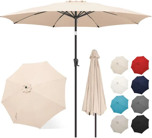 Vista 16 de FLAME&SHADE Sombrilla de patio de 11 pies, sombrilla de mesa para exteriores con botón de inclinación y manivela, protección UV, 8 varillas
