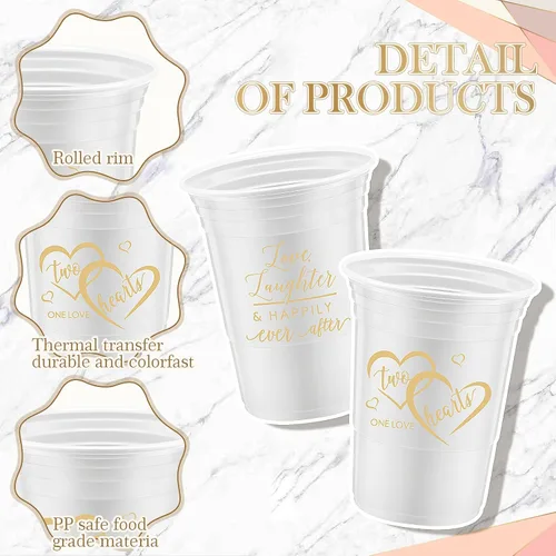 Vista 2 de Layhit - 100 vasos desechables de plástico grueso para boda, tazas blancas de 16 onzas con 2 elegantes diseños de amor, decoraciones para invitados